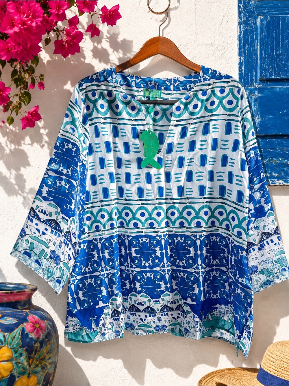 NWT Antica Sartoria by Giacomo Cinque Mediterranean Print Tunic Top Size L